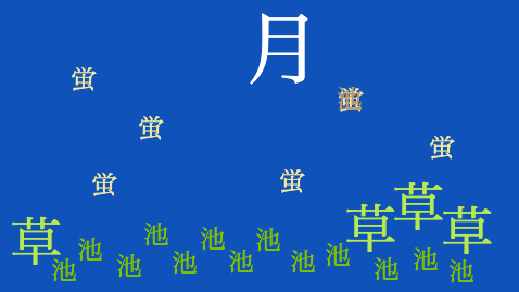 Fireflies, grass, ponds, and moon created with kanji