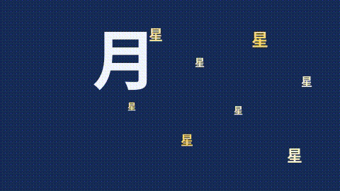 Moon kanji surrounded by many twinkling star kanji